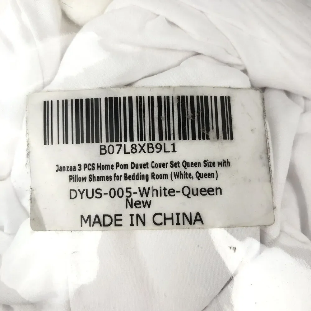 JANZAA DUVET COVER Sham Queen White Pom Ball Zipper Polyester Bed Bedroom